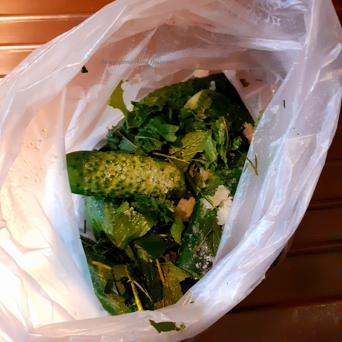 все ингредиенты отправляем в целлофановый пакет, завязываем и хорошенько встряхиваем, чтобы соль, чеснок и травы равномерно распределились среди огурцов.