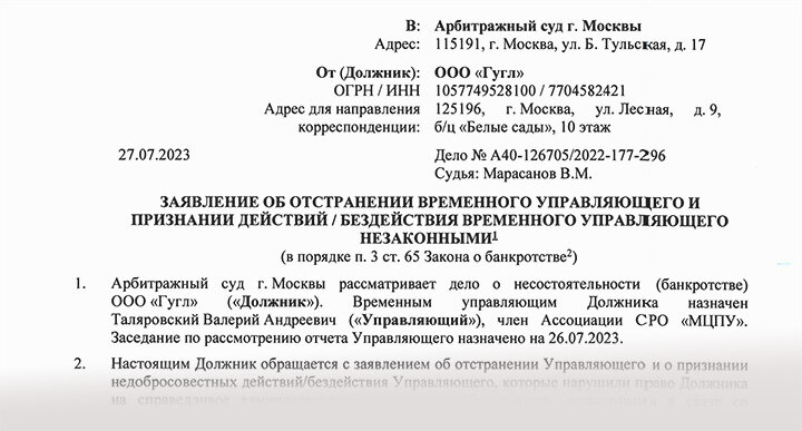 ФОТО: СКРИНШОТ ЗАЯВЛЕНИЯ ООО "ГУГЛ"