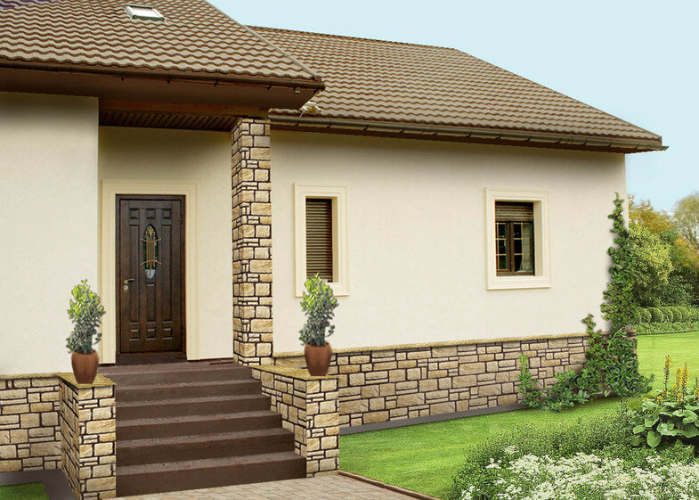 Фасадный камень отлично сочетается со штукатуркой