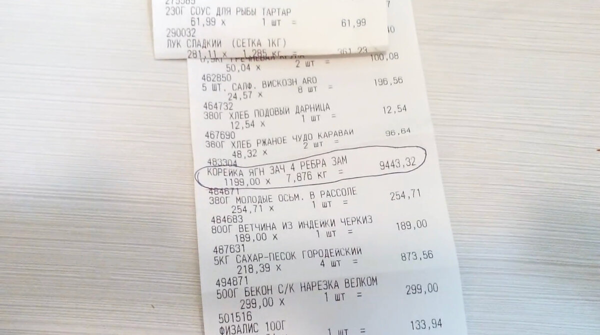 Всего купили 7 килограмм 876 грамм корейки ягнёнка на общую сумму 9443 рубля.