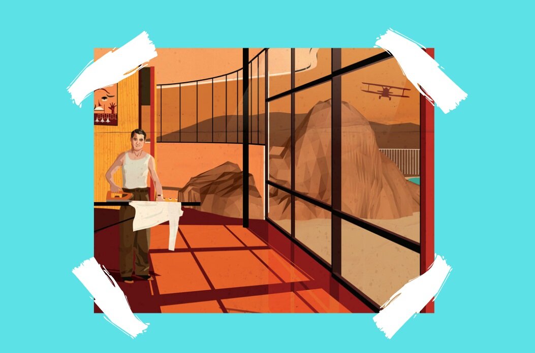 Фрагмент иллюстрации Федерико Бабины из серии «Archilife»: Кэри Грант гладит рубашки в доме по проекту Оскара Нимейера