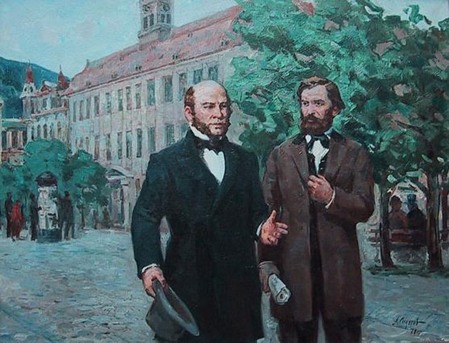 Н.И. Пирогов и К.Д. Ушинский в Гейдельберге. Худ. А. Сидоров