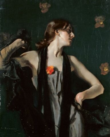 Танцовщица с шарфом - 1895г. Еще одна интересная картина; жаль, что темный фон начинает трескаться.