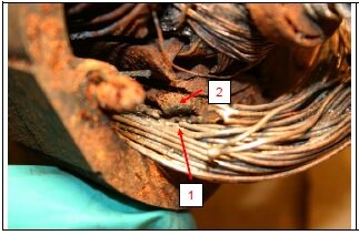 Расплавленный участок обмотки мотора (1) и стальной пластинчатый сердечник (2).