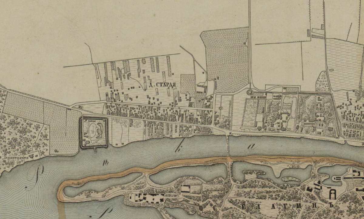 Старая деревня на плане столичного города Санкт-Петербурга 1858 года. Здесь вы можете видеть, что в то время на западе жилые дома заканчивались в районе нынешней Стародеревенской улицы (хотя поля, относящиеся к этому району , тянулись дальше - до того места, где сейчас проходит трасса ЗСД). На север же деревня шла примерно до железной дороги. Карта взята с сайта etomesto.ru