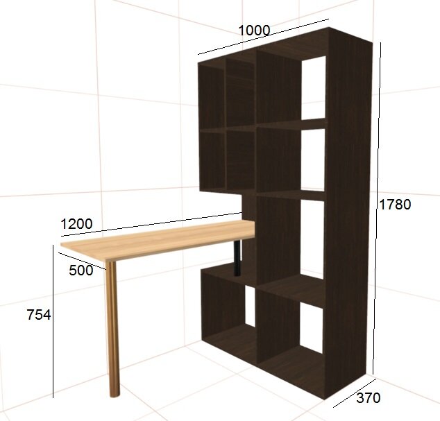 Проект угловой рабочей зоны: стеллаж со столом. Мастерская Xev