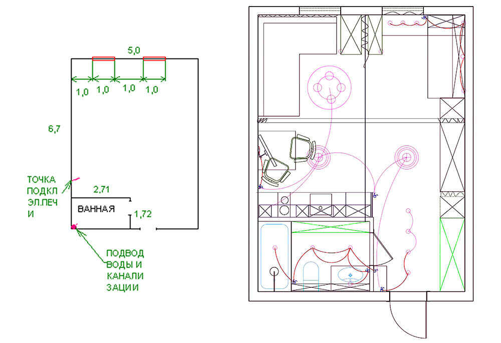 Планировка (слева) и вариант расстановки мебели, предложенный дизайнером (справа).