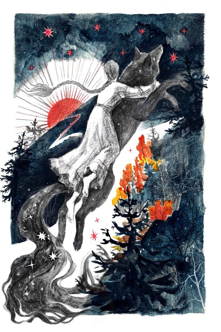 Внутренние иллюстрации Ульяны Константиновой: «Яринка на дымном волке», «Утро Ясное и Ночь Тёмная» и «Ярина расчёсывает волосы» (листайте галерею)