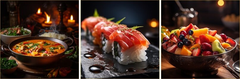 an extreme closeup shot of {a delicious brazilian moqueca, nigiri sushi, a fruit salad}, food photography, cozy atmosphere, evening, interior shot