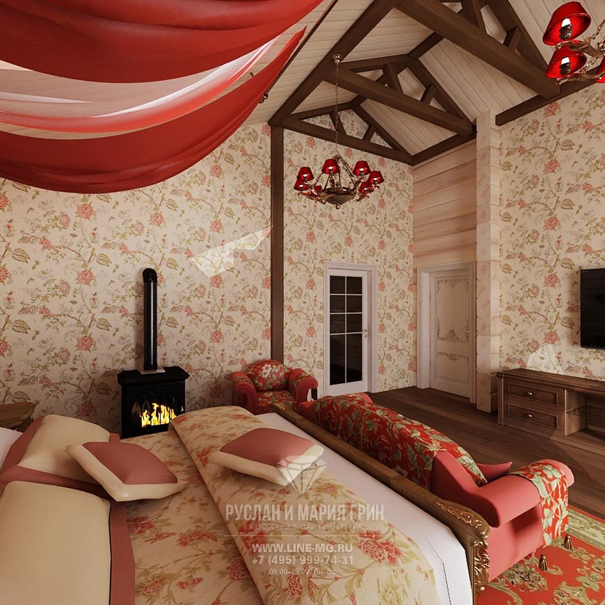 Дизайн спальни в доме из бруса