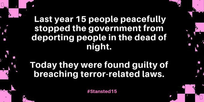 Caroline Lucas✔@CarolineLucasAbsolutely shocking - and on #HumanRightsDay.

This is a devastating blow to our fundamental right to protest.

I stand in solidarity with the #Stansted15. Their courage in stopping this cruel deportation flight is an inspiration - not a crime.
End Deportations@EDeportationsThe #Stansted15 have been convicted under terror-related legislation - for preventing an unjust and barely legal deportation flight.1 31716:20 - 10 дек. 2018 г.Информация о рекламе в Твиттере и конфиденциальность