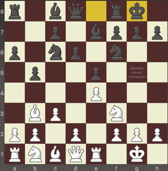  Фишер-Матанович (1968 г.) Испанская партия  1.e4 e5 2.К f3 К c6 3.С b5 a6 4.С a4 К f6 5.O-O С e7 6.Л e1 b5 7.С b3 d6 8.c3 O-O 9.h3 К d7 10.d4 С f6 11.a4 К a5 12.С c2 К b6 13.-2