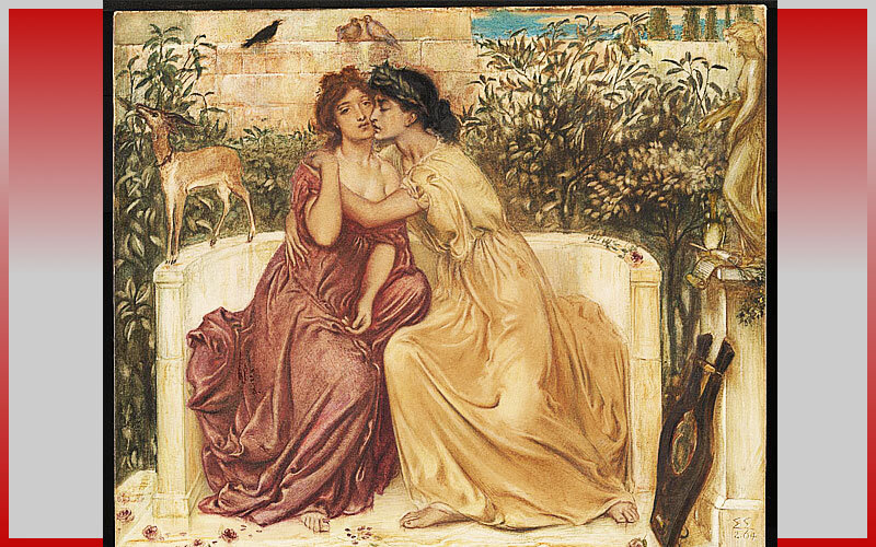 Худ. Симеон Соломон 1840–1905. Сапфо, обнимающая поэтессу Эринну в саду в Митилини на острове Лесбос. Акварель.
