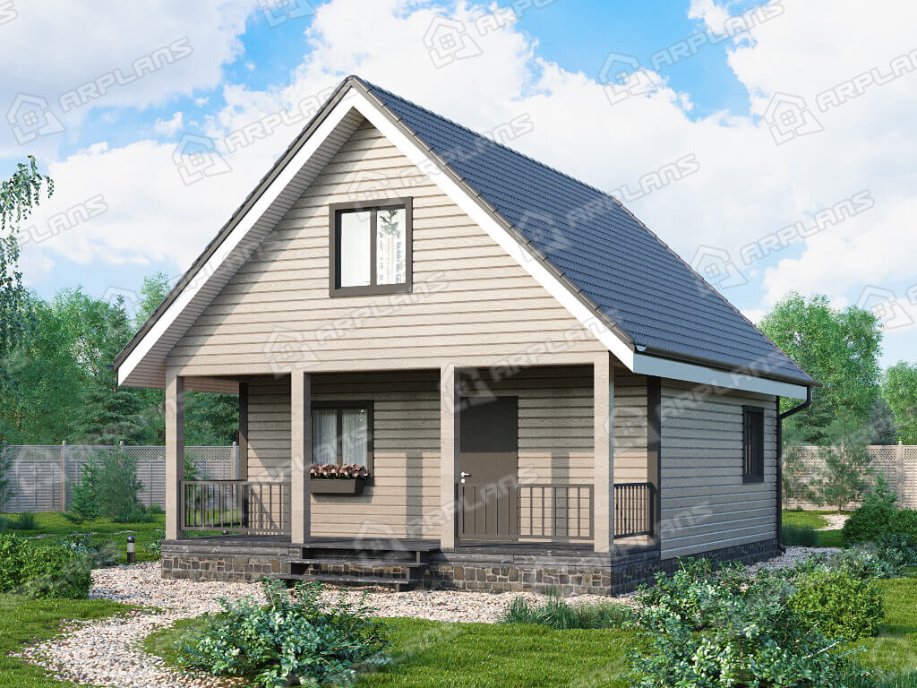 Фото 1 двухэтажного каркасного дома с мансардой, 2 спальнями и террасой, 80 кв м. Источник arplans.ru Проект И-085