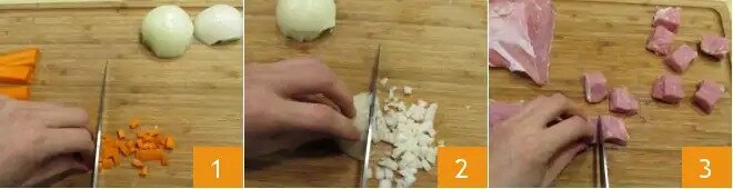 Чтобы приготовить рагу из телятины с картофелем, начните с мытья и очистки моркови, лука и сельдерея, затем нарежьте их для соте (1-2), чтобы лучше выполнить эту операцию, вы можете проконсультироваться в нашей кулинарной школе: как приготовить соте. Возьмите целую телячью мякоть, лишите ее соединительной ткани, если она есть, или полупрозрачных белых частей, которые могут сделать мясо твердым после приготовления, и нарежьте ее сначала на ломтики, а затем на кусочки размером с укус 3.