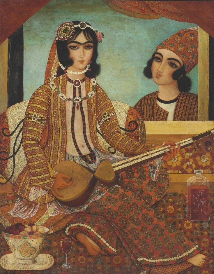 Дама, играющая на струнном инструменте, начало 19 века, Каджар, Иран. 