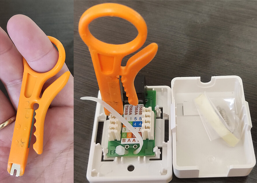 Слева на фото - стриппер с кончиком для обжима розеток и патч панелей, справа на фото - показан механизм, как производится обжим с его помощью(без провода)