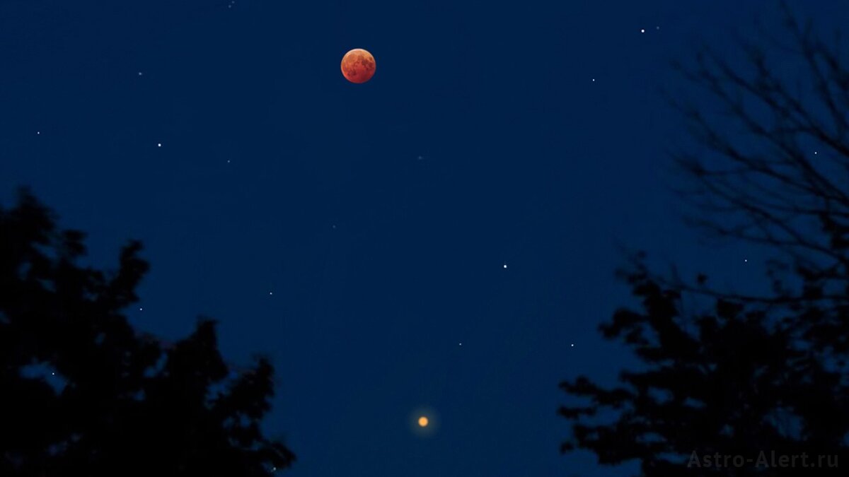 Полное Лунное затмение и Великое противостояние Марса вечером 27 июля 2018 года в представлении художника.