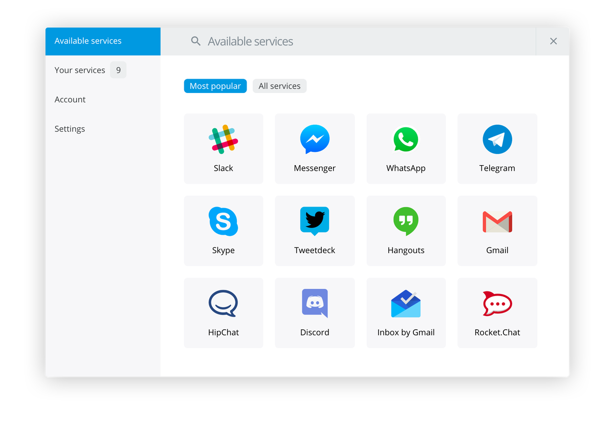 Рис. 2. Доступные сервисы