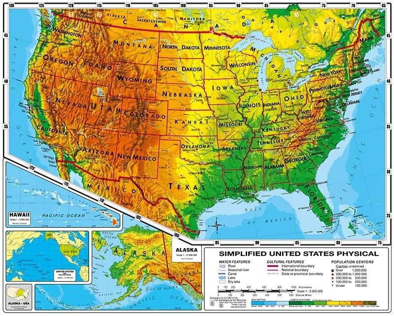 Рельеф сша. Физическая карта США. Рельефная карта США. Рельеф США карта. Карта США физическая крупная.