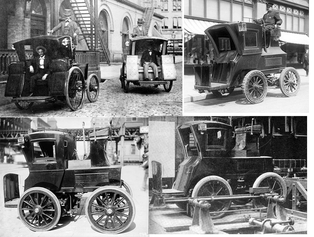 Электрические фиакры Нью-Йорка. Фото справа внизу - фиакр во время смены батарей. Обратите внимание - наряду с пневматическими шинами использовались и жесткие, колеса так же могли быть разные.