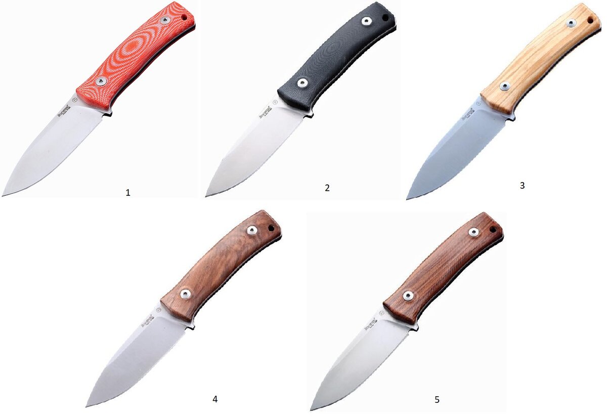 1-микарта, 2-G10, 3-олива, 4-орех, 5-палисандр