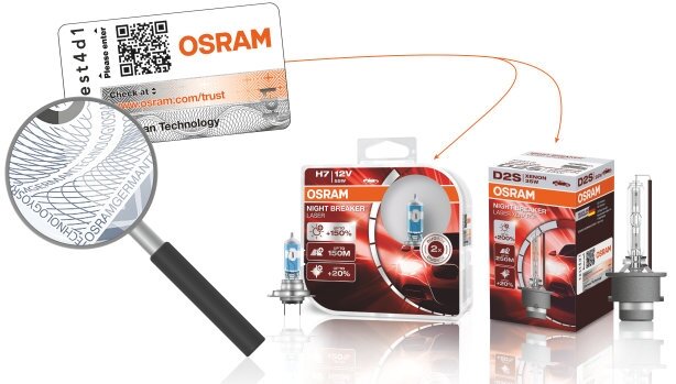 На стикере упаковки оригинальных ламп Osram есть 7-значный код для верификации продукта и голограмма с QR-кодом, ведущая на сайт программы www.osram.ru/trust