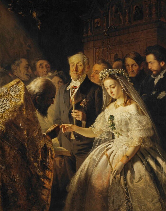 "Неравный брак", Василий Пукирев, 1862. Холст, масло 173 × 136,5 см. Третьяковская государственная галерея, Москва.