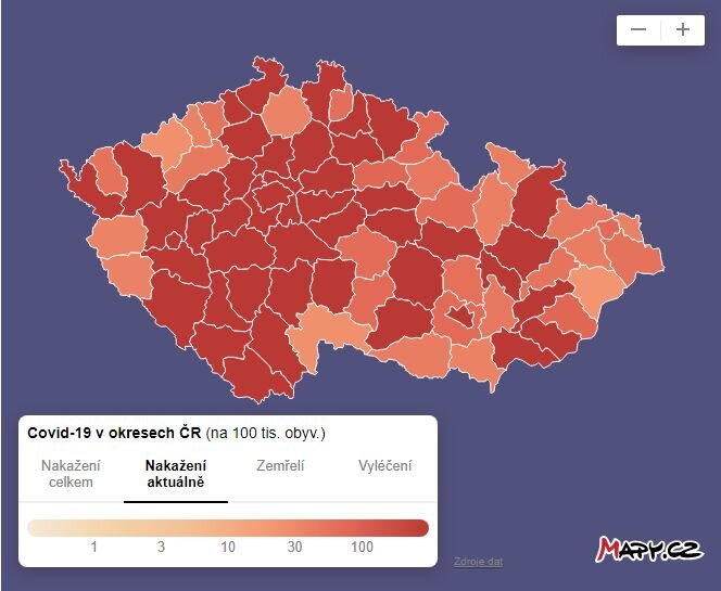 Карта Чехии и распределение больных по областям