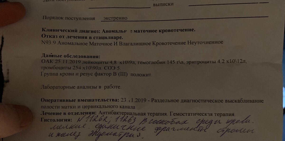 Это вторая операция. Безрезультатно. Аномальное кровотечение. Причины нет.