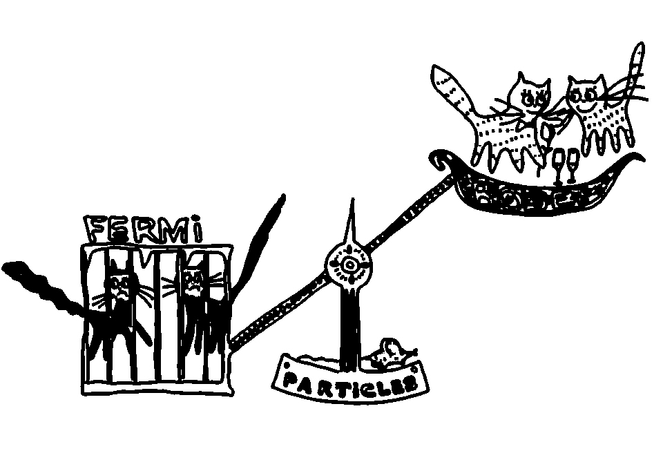  Коты–фермионы (в левой чаше весов) не любят друг друга и никак не могут ужиться в одной клетке. Коты–бозоны (в правой чаше), напротив, любят друг друга очень сильно. Чем легче по весу коты, тем проще сделать из них конденсат
Алексей Кавокин
