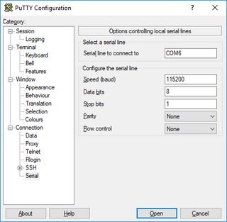 Скачиваем и устанавливаем терминальную программу; я использую PuTTY. В настройках программы выбираем последовательный порт (Serial), указываем номер порта (Serial Line), соответствующий адаптеру USB-UART, указываем скорость обмена (Speed) 115200