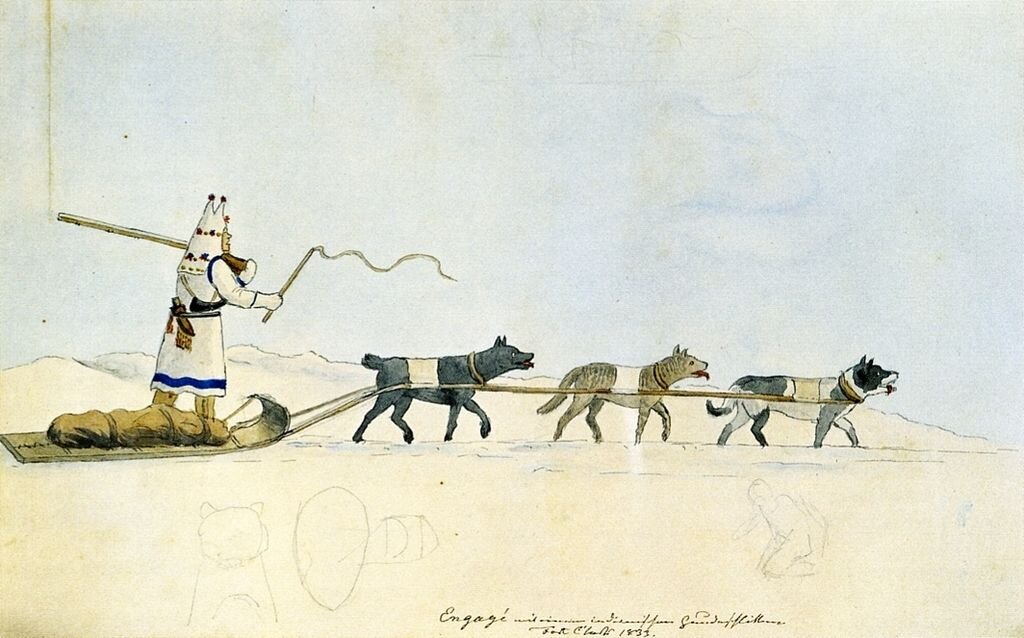 Тобогган индейцев недалеко от форта Кларк, акварель 1833 года. Изображение с https://commons.wikimedia.org/