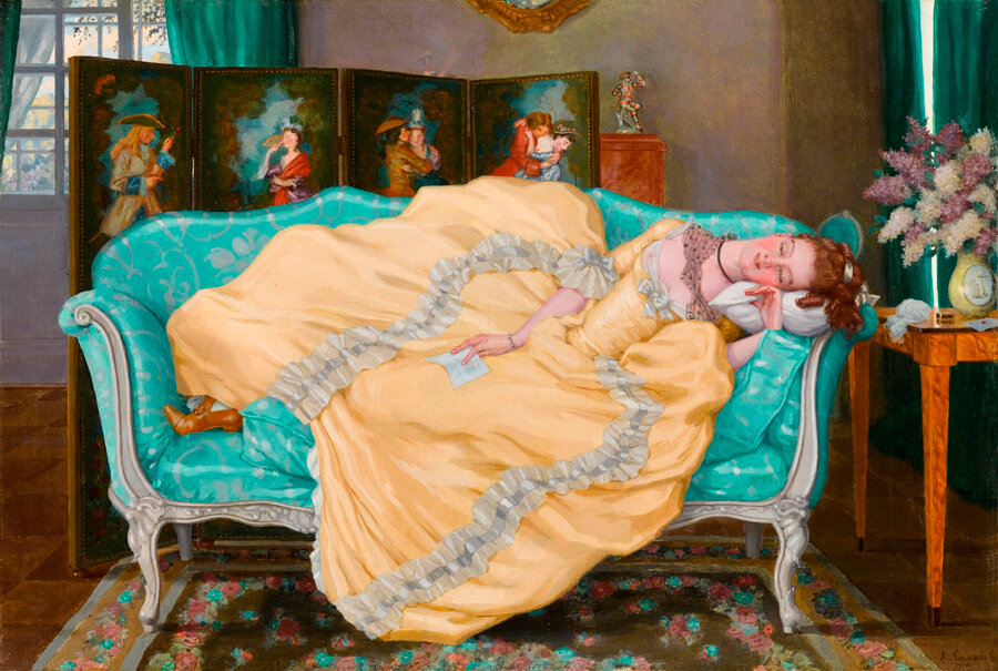 Константин Сомов. Спящая дама в комнате в платье XVIII века, 1919 год