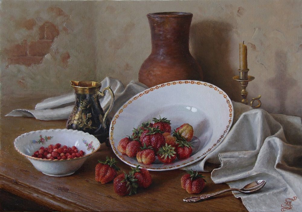 Натюрморт с клубникой. 35х50см.