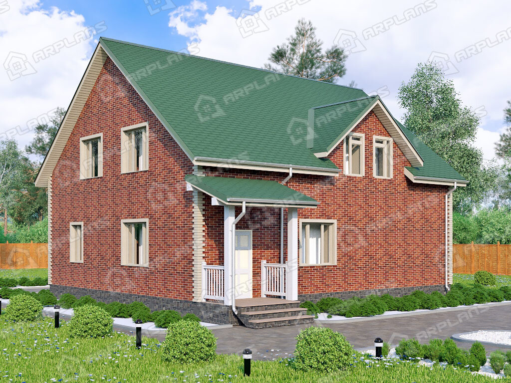 Фото 1 двухэтажного дома из газобетона с мансардой, 3 спальнями, газовой котельной и вторым светом. Полезная площадь 170 кв м. Источник arplans.ru Проект К-005