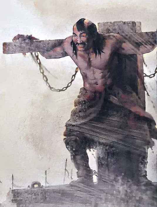 картинка из википедии. Думаю, что конструкция осла была намного проще. В виде деревянного верстака. На сам верстак клали тело, к его четырем опорам прибивали руки и ноги. Результатом, должна была быть медленная смерь от потери крови, аналогично известному распятию на кресте. 