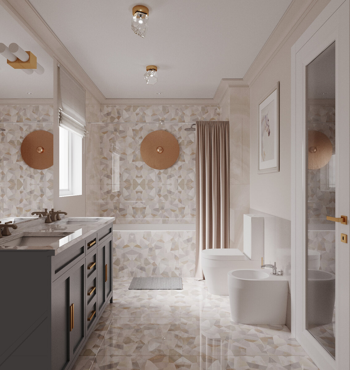 Небольшой санузел в Калифорнии по проекту нашего "Архбюро Доценко" - потолки всего 2,4м, сделали акцент на пол.