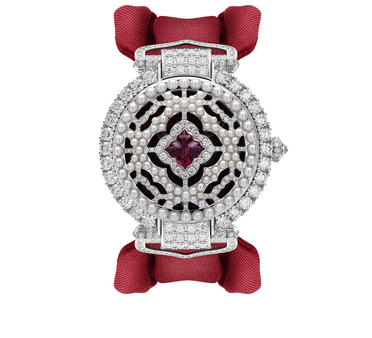 Часы с откидной крышкой Chopard Imperiale Empress в 38 мм корпусе из белого золота с бриллиантами, жемчугом и рубинами на атласном ремешке 