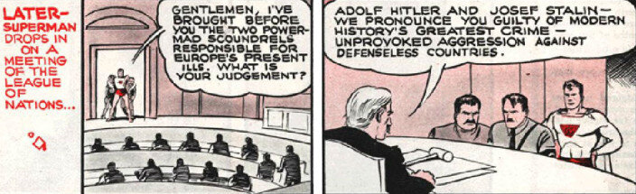 Суд Лиги Наций над Сталиным и Гитлером. Судья выносит вердикт "Адольф Гитлер и Иосиф Сталин, мы признаем вас виновными в самом ужасном преступлении современной истории – несанкционированной агрессии против беззащитных стран".