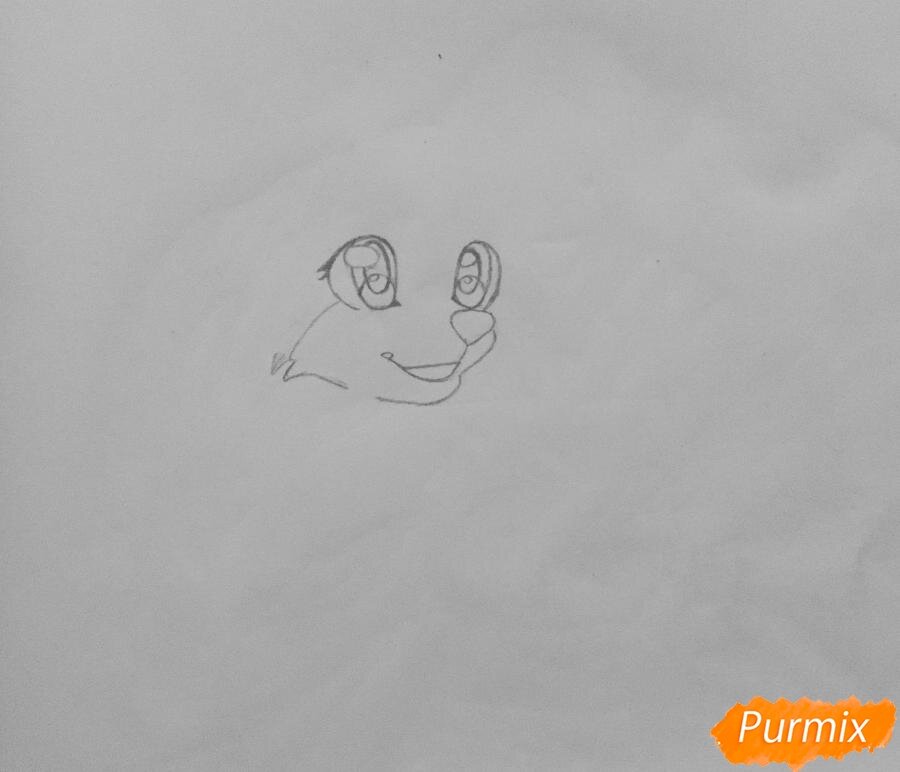 Рисуем щёчку на мордочке,рисуем два глаза и прорисовываем внутри глаз.
