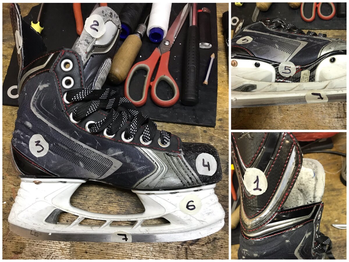 1-задник ; 2- язычок ;  3- ботинок ;   4- мысок ;   5- подошва ;   6- стакан ; 7-лезвие 