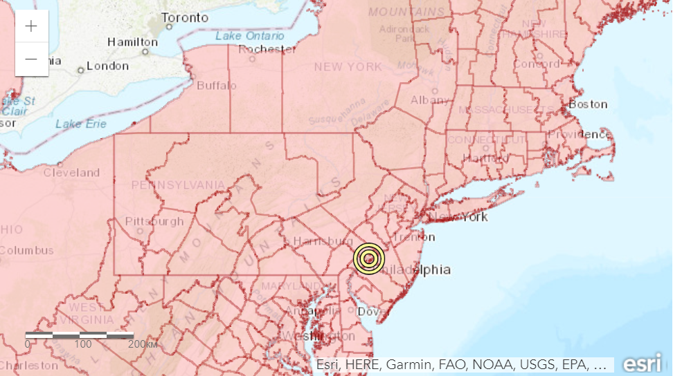 Contemporary U.S. map with overlay showing state and county borders in 1790. (Source: Esri)