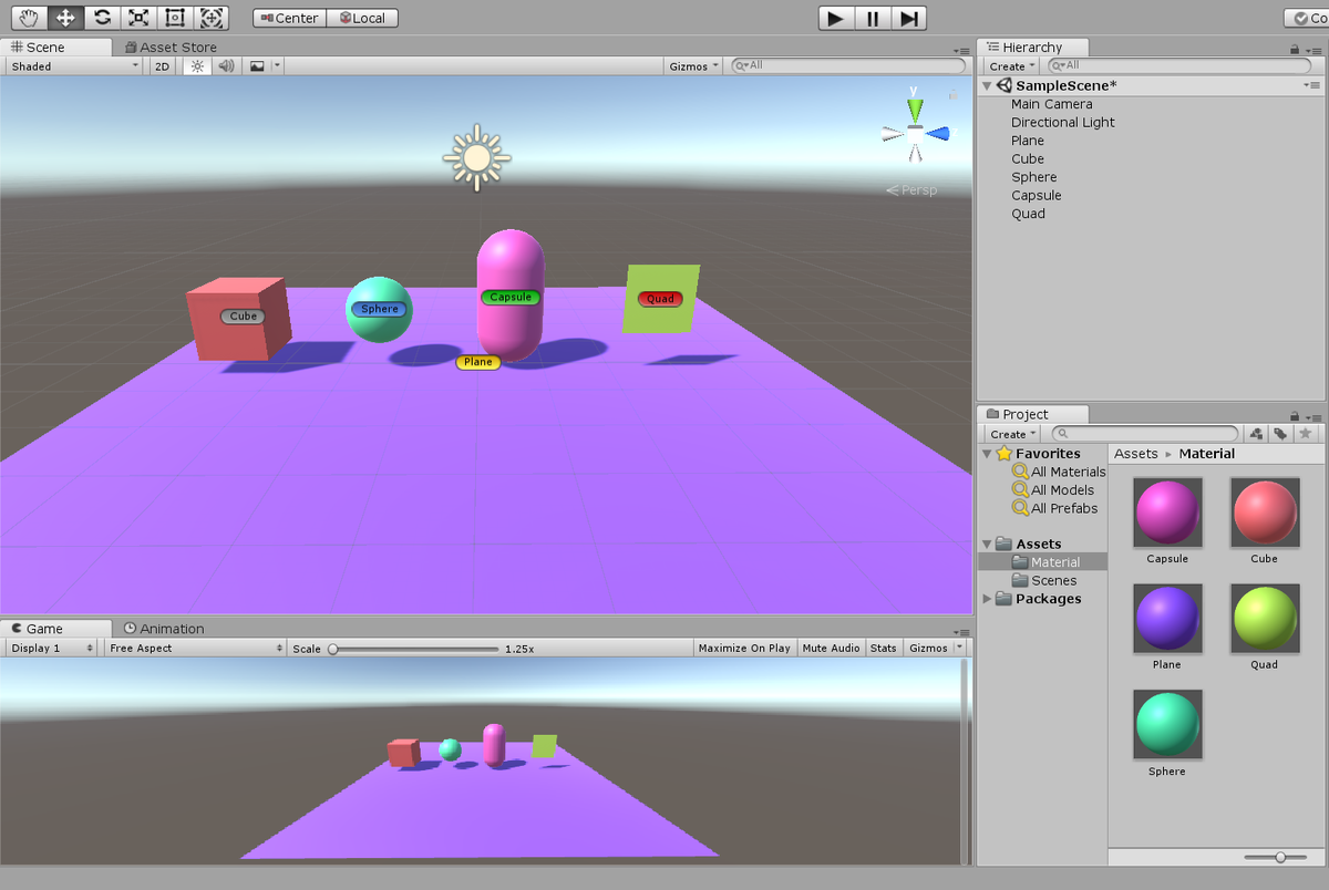 Окна сцены, иерархии, папки проекта, игры
