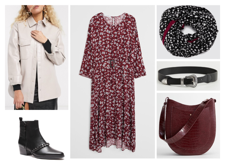 Виниловая куртка Topshop (asos), 3890 руб. Платье Violeta by Mango (wildberries), ок. 4000 руб. Сумка-тоут Mango 5999 руб. Кожаные ботинки Vitacci (wildberries), ок. 7800 руб. Шарф Zara, 1999 руб. Ремень кожаный Mango (wildberries), ок. 2200 руб.