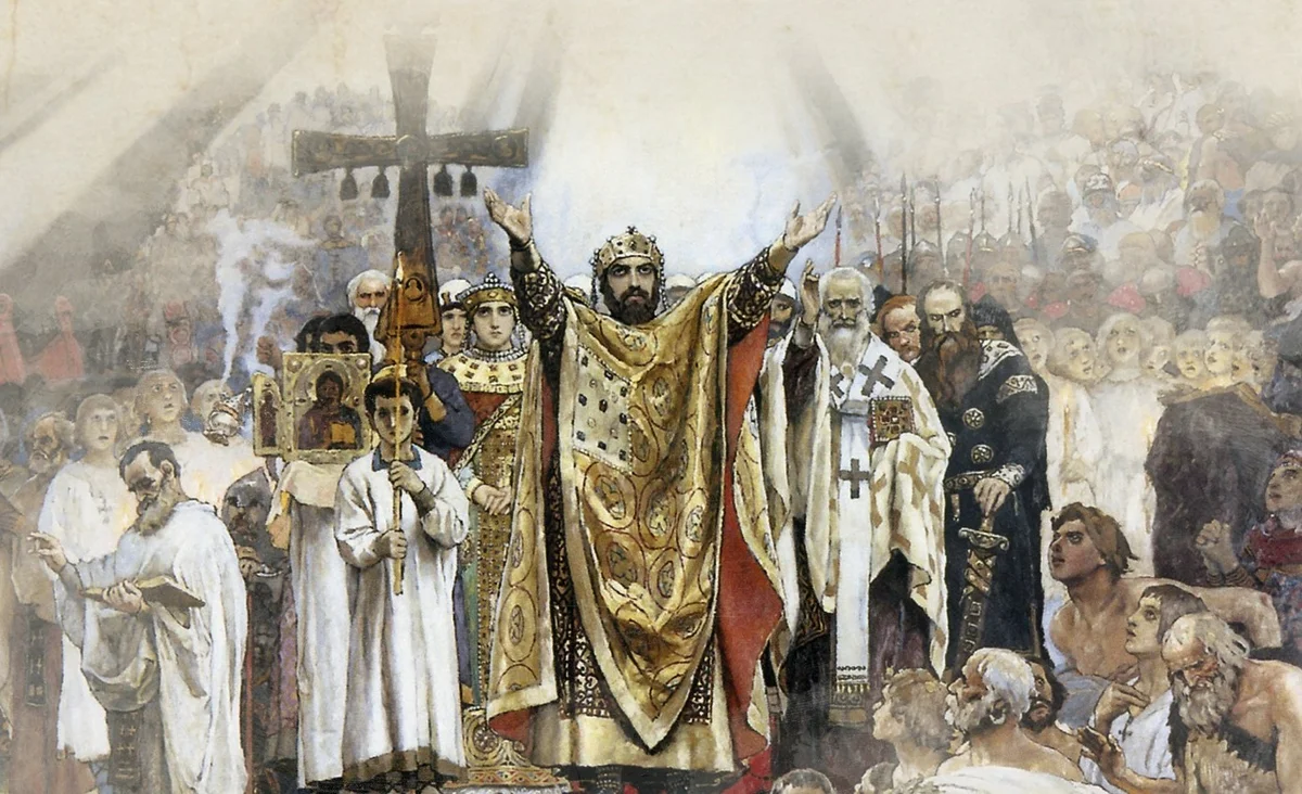 Что произошло в 10 веке. Крещение Руси фреска Васнецова. Васнецов крещение князя Владимира.