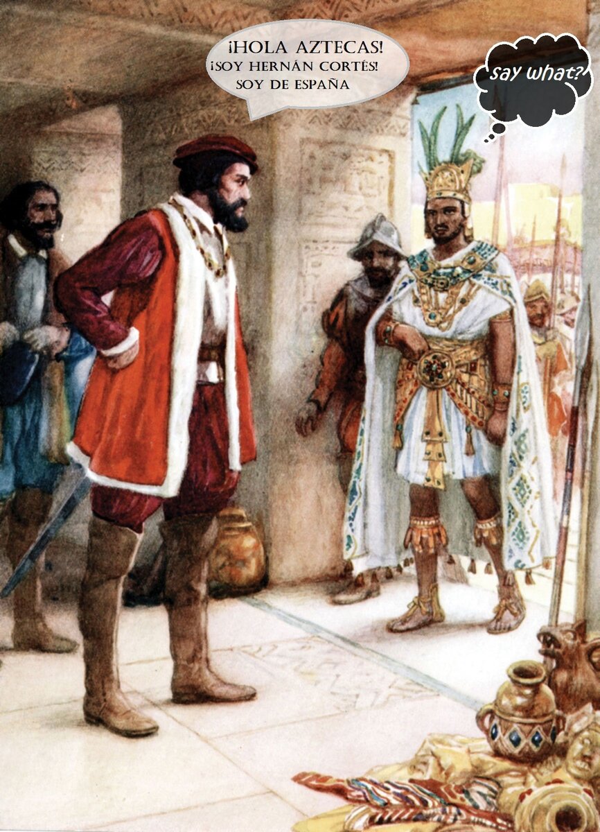 Кортес что-то говорит на неизвестном. Не сказать, что Моктесума его понял...
