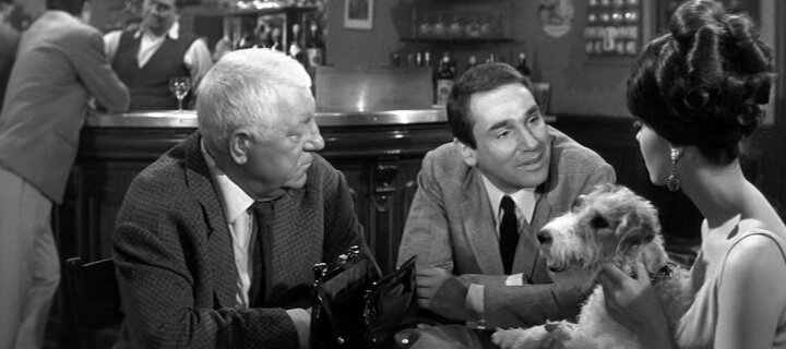 Кадр из фильма “Гром небесный” (1965), Жан Габен в роли Леандра Брассака, Робер Оссейн в роли Марселя и Мишель Мерсье в роли Симоны 