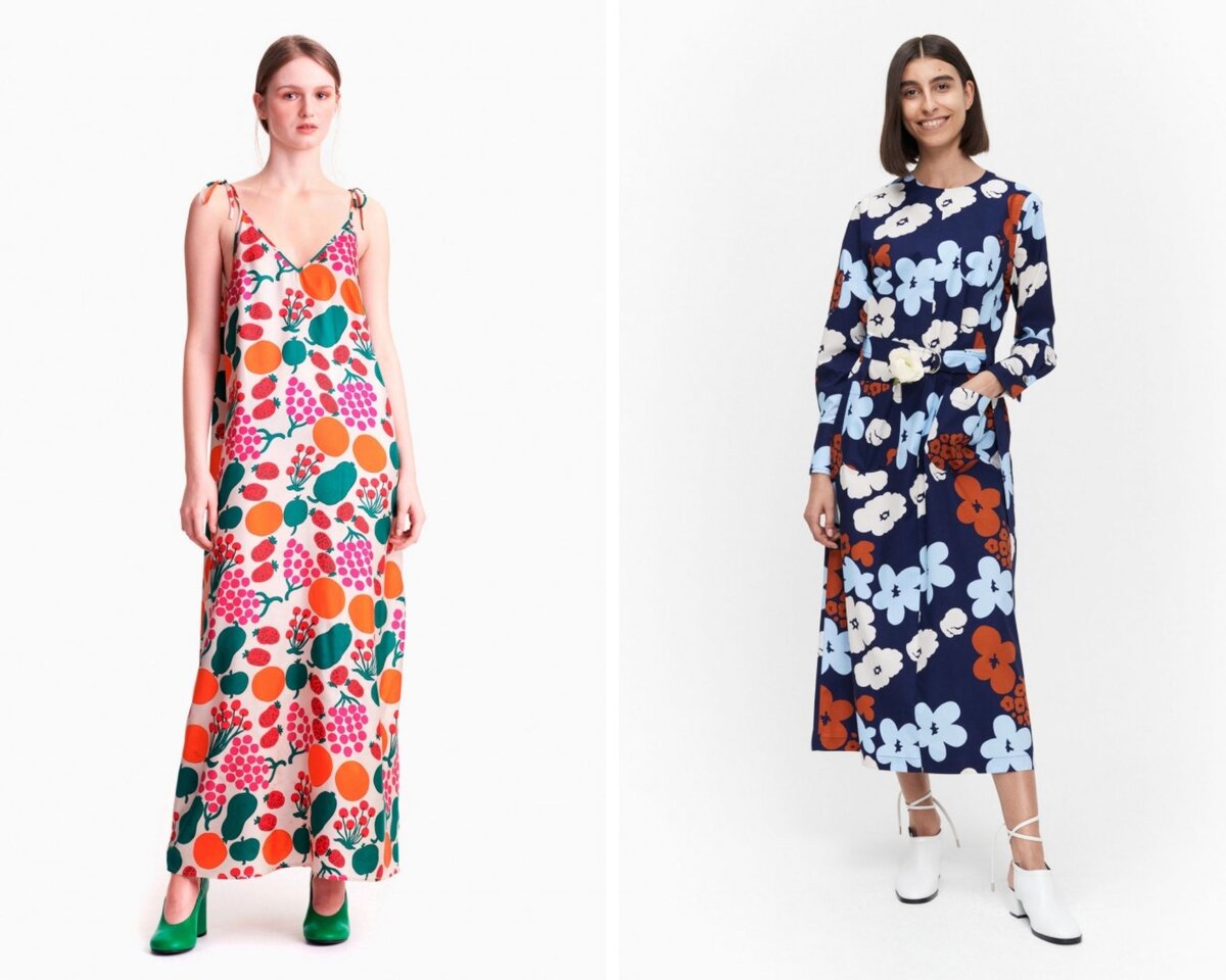 Фото www.marimekko.com Платье на бретелях со скидкой 40% 222 Евро, платье с длинным рукавом со скидкой 50% 130 Евро.