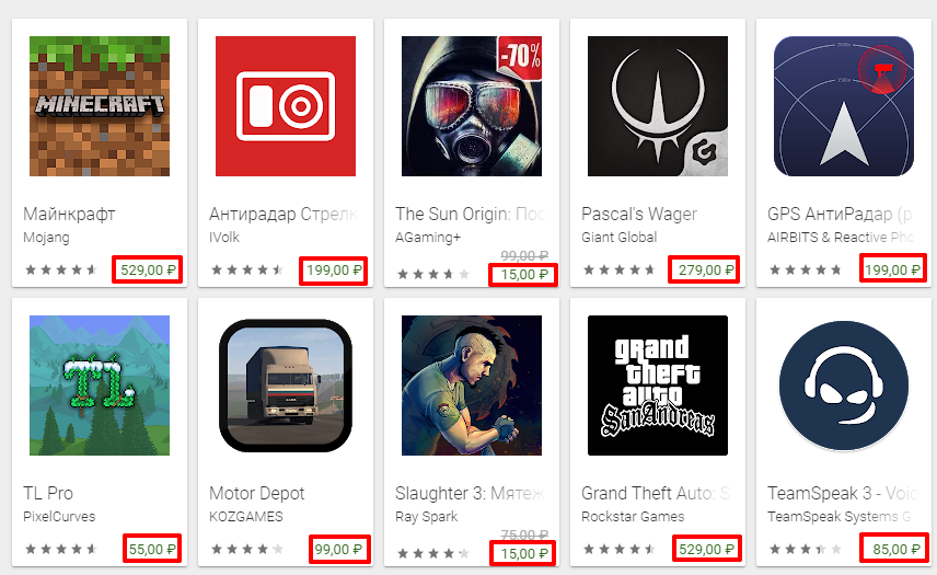 (Выделено красном квадратом - это показатель, того что авторы свои приложения изначально продают по определенной стоимости, о чем говорилось в первом способе)
